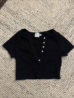 Princess Polly Black Ribbed Button Front Crop Top